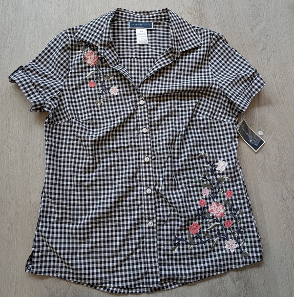 NWT Karen Scott Floral Embroidered Gingham Black&White Shirt Size M - Picture 5 of 13